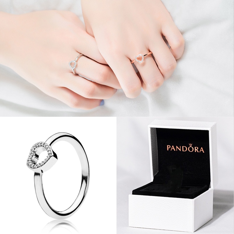 Cincin 925 Silver Desain Hati Hollow Hias Kubik Zirkon Berlian Gaya Klasik Pandora Untuk Wanita