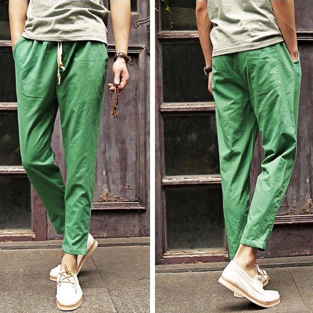 \u3010infashionstyle\u3011Celana Panjang Casual Musim Panas Slim 9/10 Bahan Linen Model Baggy untuk Pria