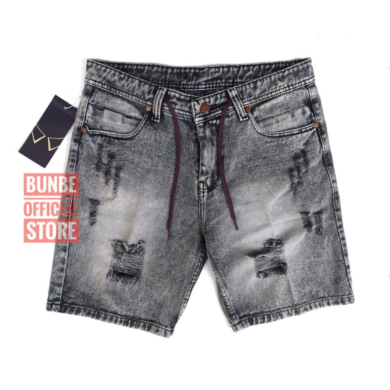  Celana  pendek  pria jeans sobek  washing snow original bunbe 