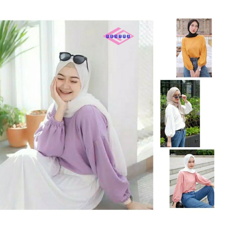 AESTRI lenka blouse / lucy blouse baby tery kaos lengan panjang putih lavender kubus pink