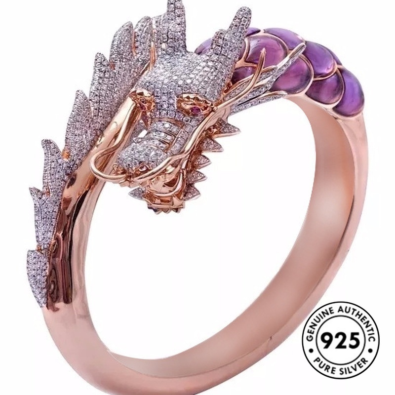 Cincin Desain Kepala Naga Aksen Berlian Bahan S925 Silver Warna Rose Gold