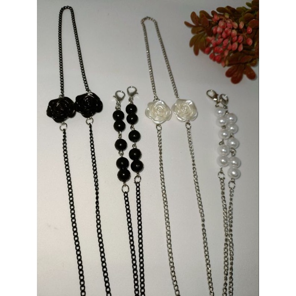 STRAP MASKER 2 in 1 KONEKTOR HIJAB ROSE RESIN BLACK & WHITE/kalung masker 2in1 hijab