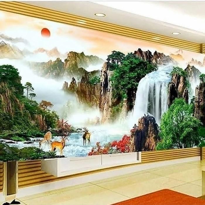 paket kristik air terjun pegunungan dan rusa pola kain besar