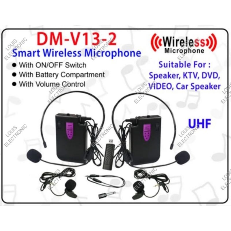 Mic Microphone Mikrofon Wireless Headset + Clip On YAMADA V13-2 ( 2 Mic )