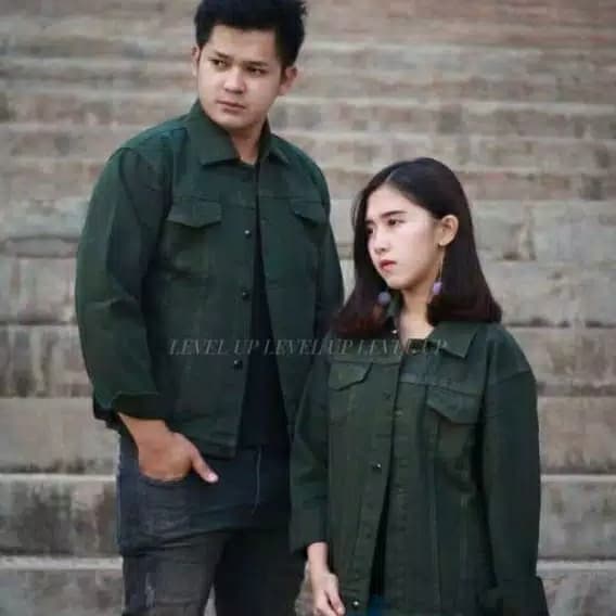 jaket couple jaket jeans couple jaket seragam pasangan hijau army - Hijau XL, dan M