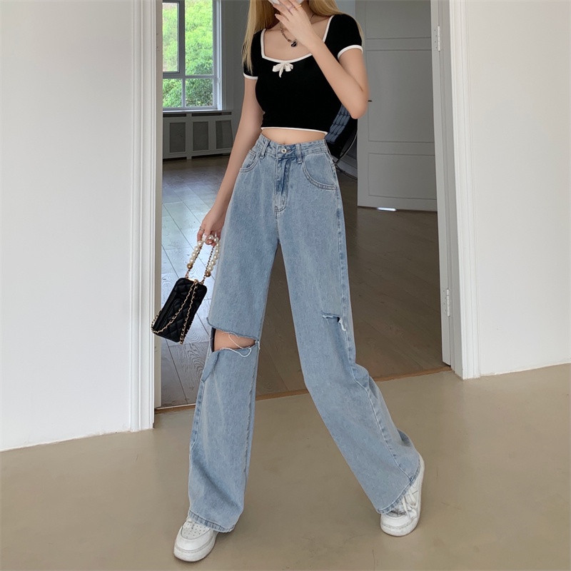 Warna Biru muda Highwaist Robek-Robek Loose Kasual Celana Jeans Panjang Wanita