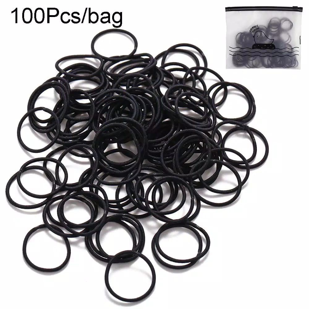 （ 27AN.ID ) COD Korea Ikat Rambut H160 28/100/1000Pcs Bag Elastis Wrn Polos Gaya Korea untuk Wanita-HITAM 100PCS