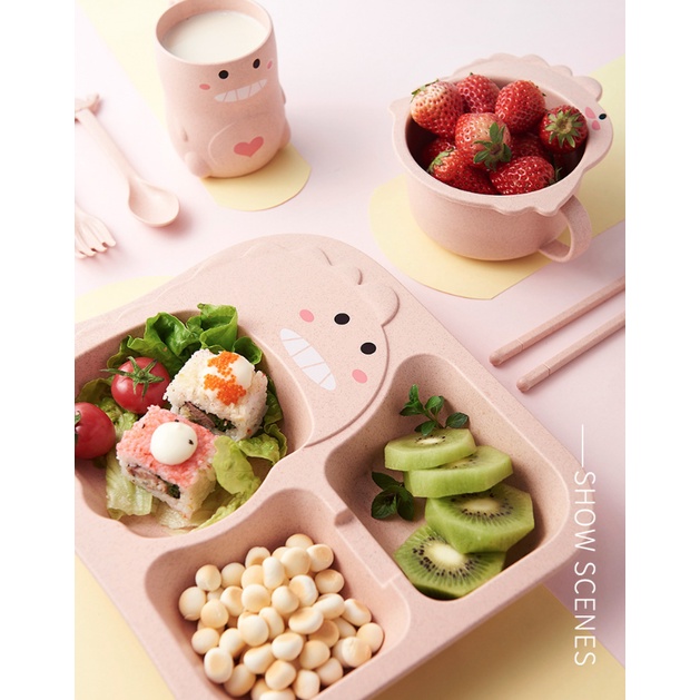 SET Tempat makan anak gambar Dino Pink Perlengkapan makan anak lucu SET tableware anak murah dan lucu
