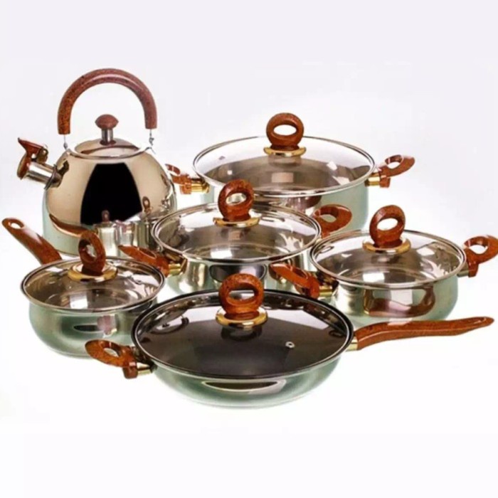 Panci Set Stainless Stell 12Pcs Peralatan Masak Dapur Set Gagang Kayu