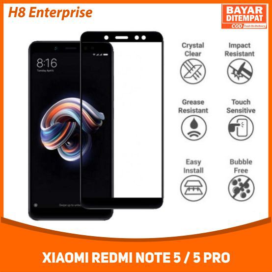 TEMPERED GLASS 5D FOR XIAOMI REDMI NOTE 5 FULL COVERAGE FULL LEM NO PELANGI NO GELEMBUNG UDARA