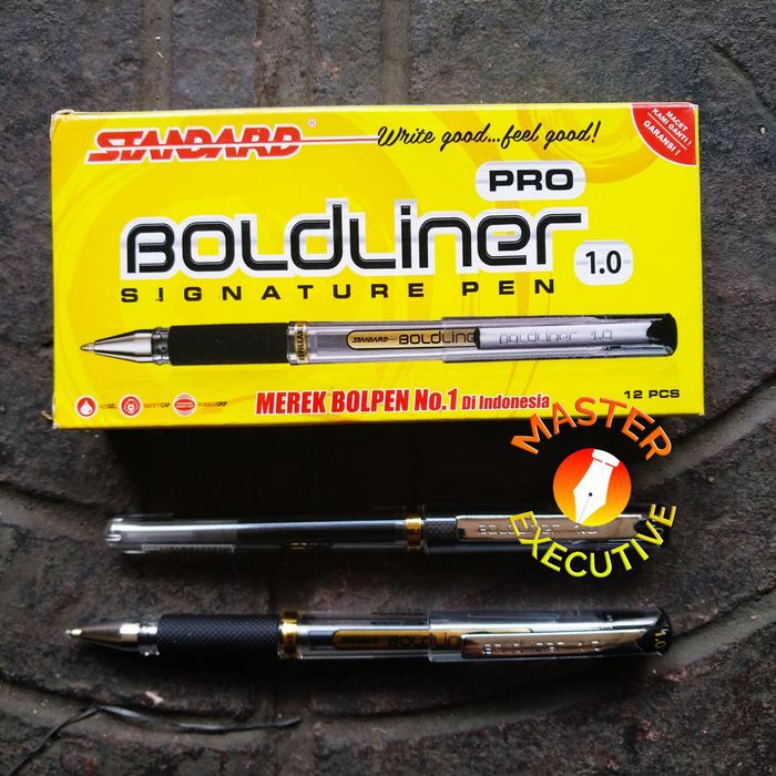 [Pak - 12 Buah] Standard Boldliner Pro Black Signature Pen 1.0 Rubber Grip