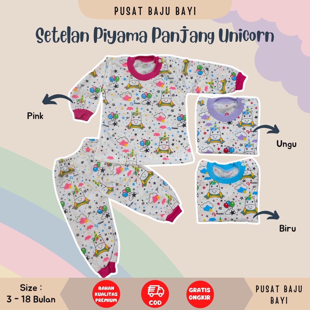 SALE 7.7 Setelan Baju Bayi Panjang 3 - 12 Bulan merk VIORI motif UNICORN TERBARU