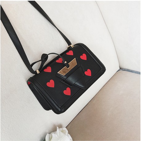 Tas Selempang Wanita Korea Hitam Print Motif love Lovely Black Slingbag / Tali panjang 2 macam