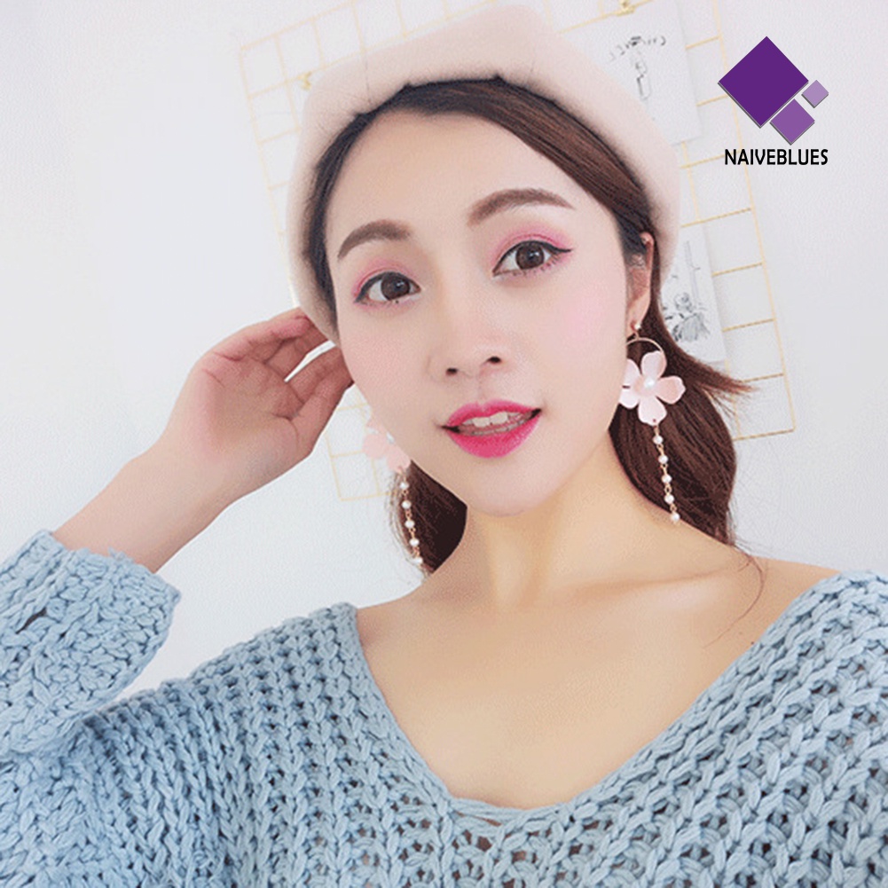 Anting Stud Panjang Desain Bunga Bahan Sifon Aksen Mutiara Tiruan Untuk Wanita