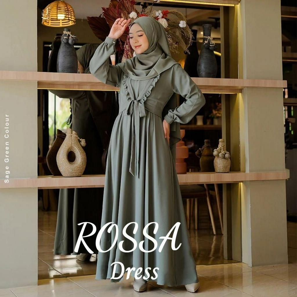 Rossa Dress Gamis Pesta Set Outer Cardi Nempel Free Pashmina Longdress Syari Murah Modern Baju Konda