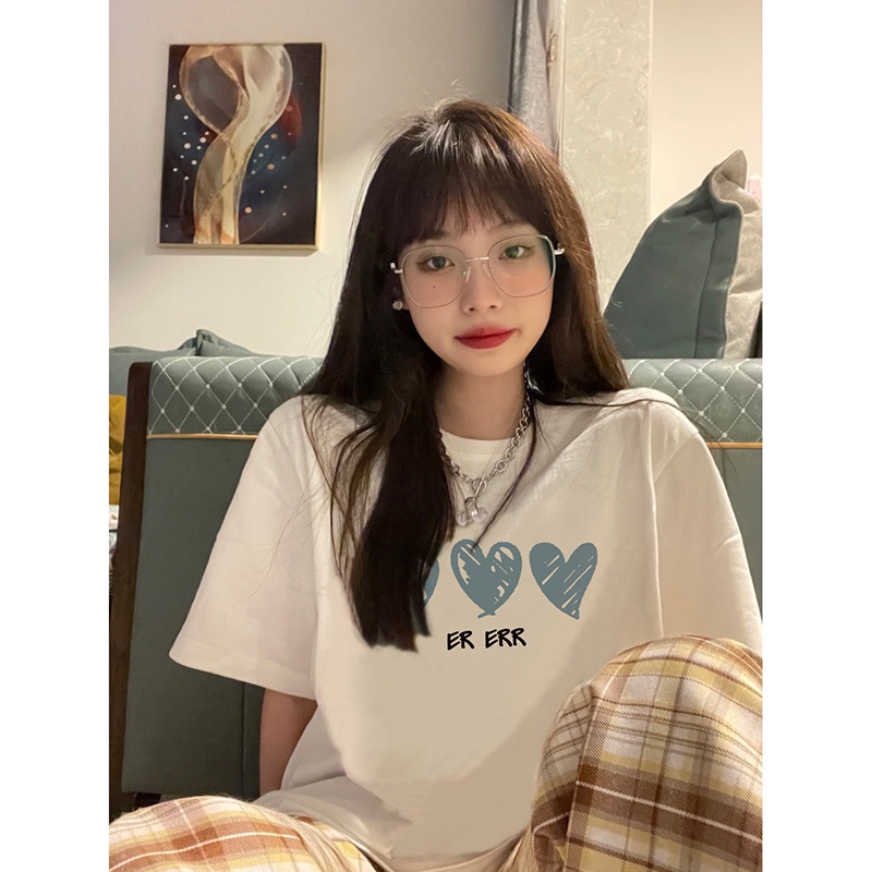 EUNII T-shirt Lengan Pendek Blue Heart Korean Style/Kaos Atasan Wanita/Baju Kaus Oversize Wanita/Kaos Wanita