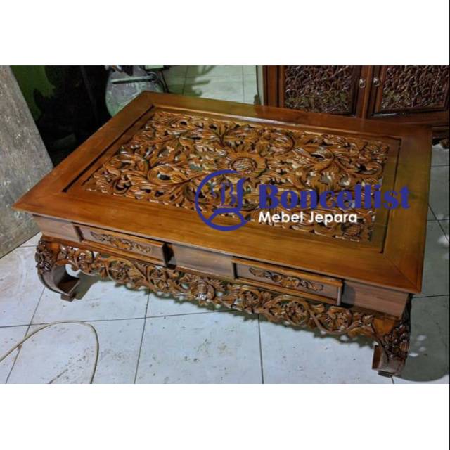 Meja tamu ukir ketapang laci 4 kayu jati asli jepara