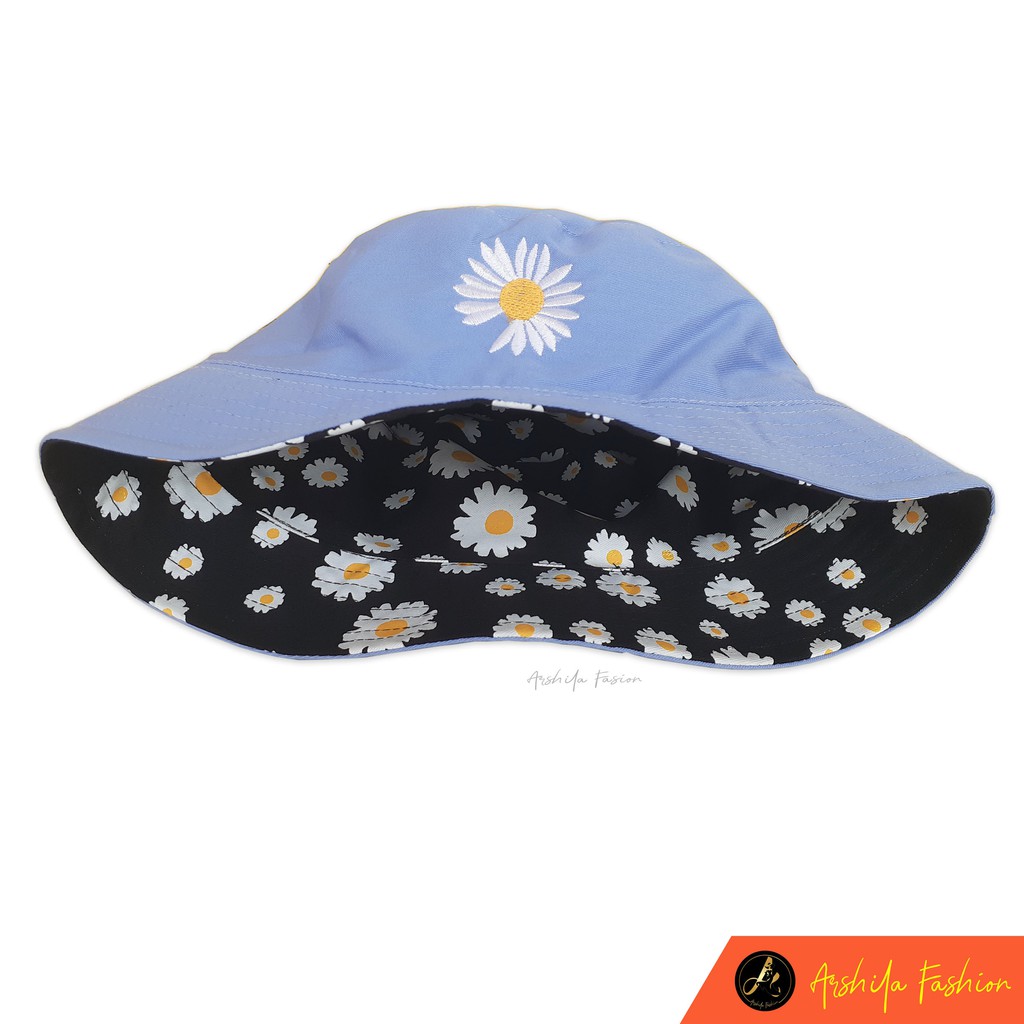 Topi Bucket Dua Sisi Anti Uv Motif Bordir dan Sablon Bunga Daisy Bahan Drilll / Daisy 002-Biru Muda Bunga dewa