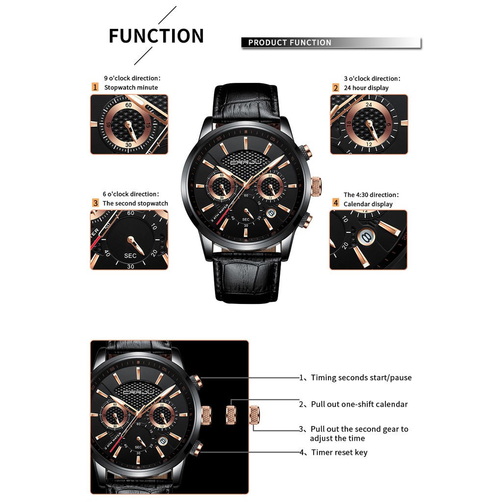 Jam Tangan Pria CRRJU Fashion Men's Sports Chronograph Jam Tangan Kulit Kalender Tahan Air Jam Tangan Cowok