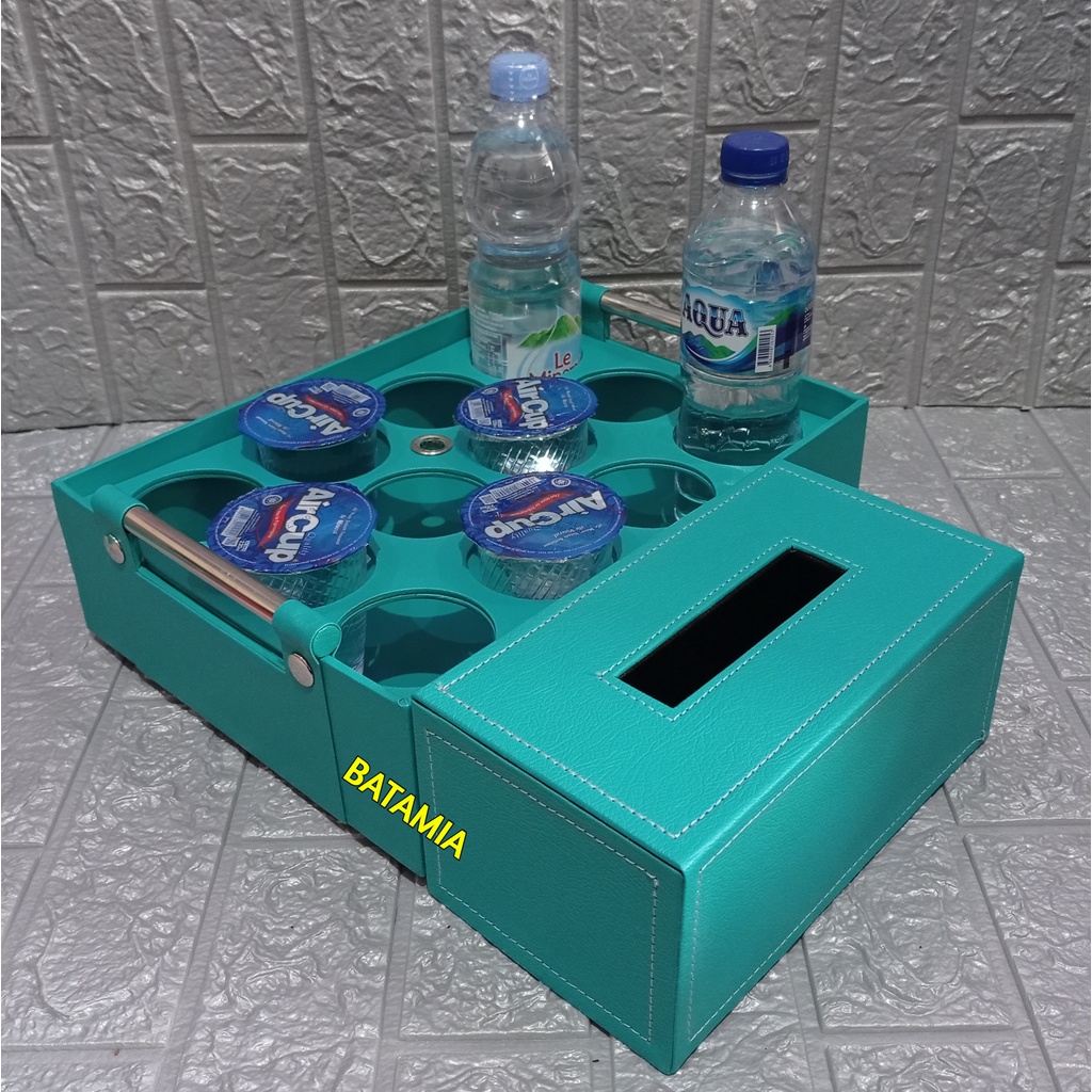 Tempat Aqua Gelas Botol Multifungsi 2 In 1 + Kotak Tisu Keranjang Air Mineral + Nampan Tray Tempat A