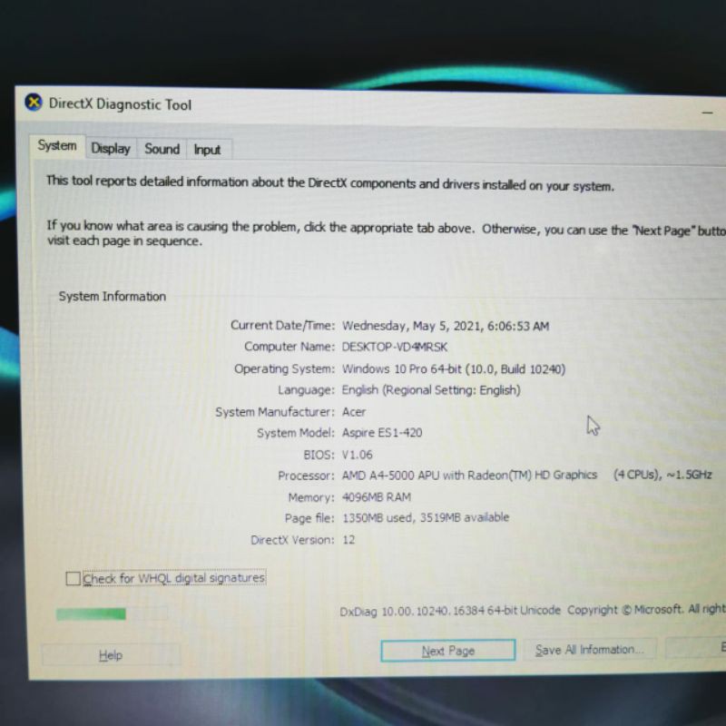Laptop Acer aspire ES 14  dualcore Amd A4-6210 Vga amd radeon(TM) R3 Graphic Ram 4GB Hdd 500GB Windows 10 ok