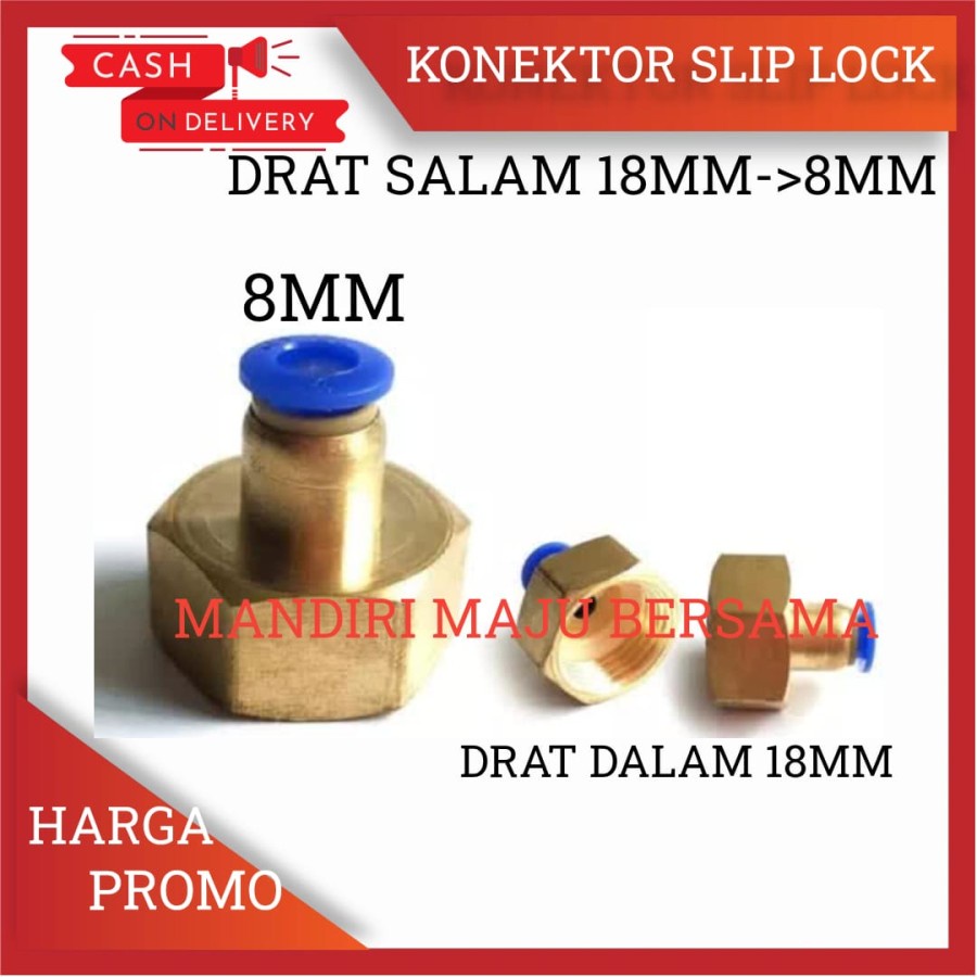 KONEKTOR POMPA DC DRAT 18MM X 8MM FITTING PNEUMATIC KE SELANG PU 8 MM