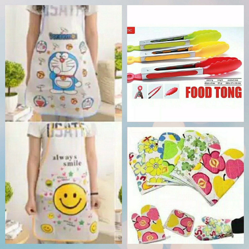 Paket 8 Isi 3 Produk Perlengkapan Masak Apron Karakter Sarung Tangan Oven Dan Capit Makanan
