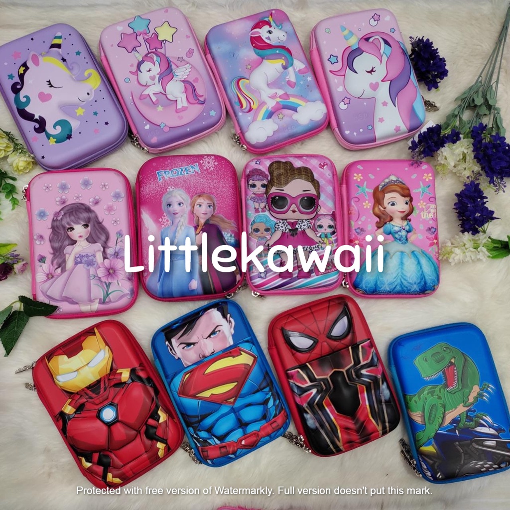 LK/Tempat Pensil Case Tepak Anak Hardcase Frozen Unicorn Sofia Superhero Timbul 3D Import