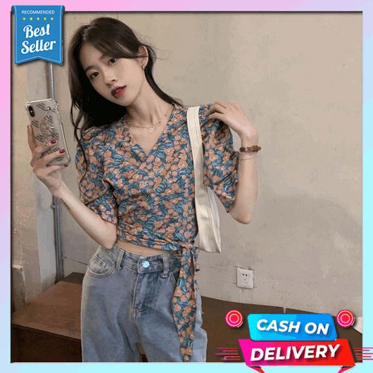 33727 Setelan Blus Lengan Bubble Motif Bunga Gaya Korea Rok Mini A909 Setelan Combi Square Love  [Sh