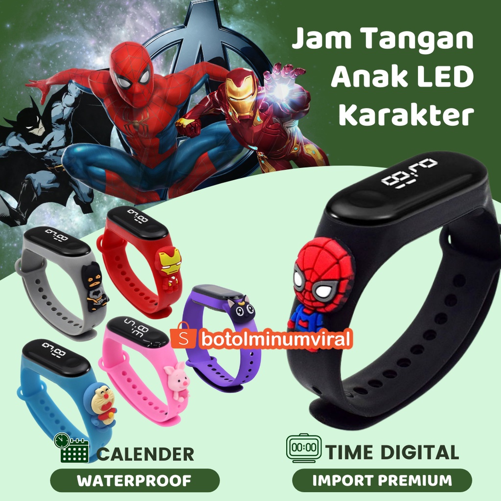 Jam Tangan Anak Anti Air Digital LED Karakter Superhero Kartun Silikon Children Sport Watch