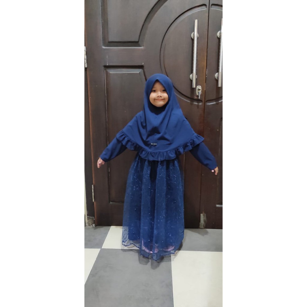 Gamis Anak Tulle (Free Mini Gold) Set Hijab NAVY Fashion Muslim Anak by Shanie Kids