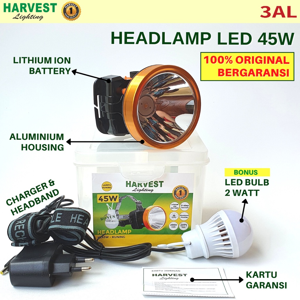 45W - PAKET ISI 4 - Headlamp HARVEST LIGHTING Senter Kepala LED 2000Mah Lampu Emergency Travel Hunting Rechargeable Original Bergaransi