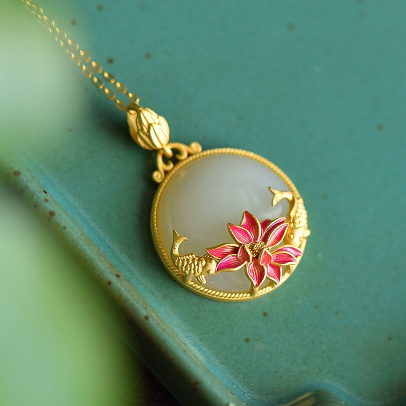 Chinese Style Enamel Color Lotus Flower Elegant Female Charm Hotan White Jade Stone Pendants Necklace Vintage Minorities Jewelry