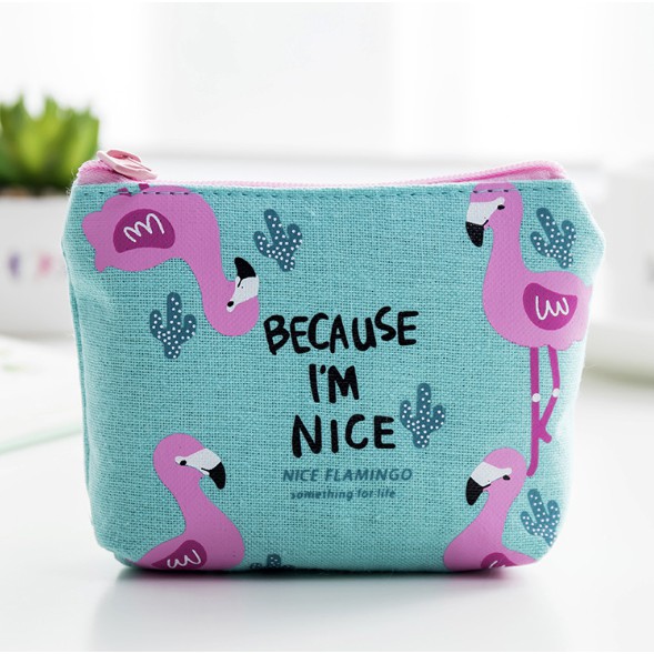 Pouch Mini / Dompet Koin Motif Gambar Burung FLAMINGO Lucu Bahan Kanvas Dengan Resleting