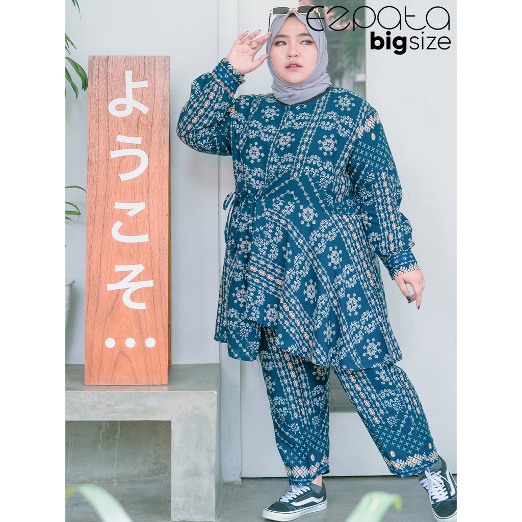 Ezpata Setelan Daily Outfit Mazel Jumbo Bigsize Motif Etnik Pinggang Serut Resleting Depan Busui Friendly Lengan Kancing