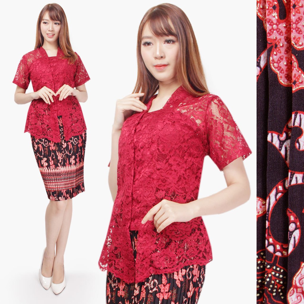 SB Collection Stelan Kebaya Silvi Blouse Brukat Dan Rok Plisket Midi Batik Wanita