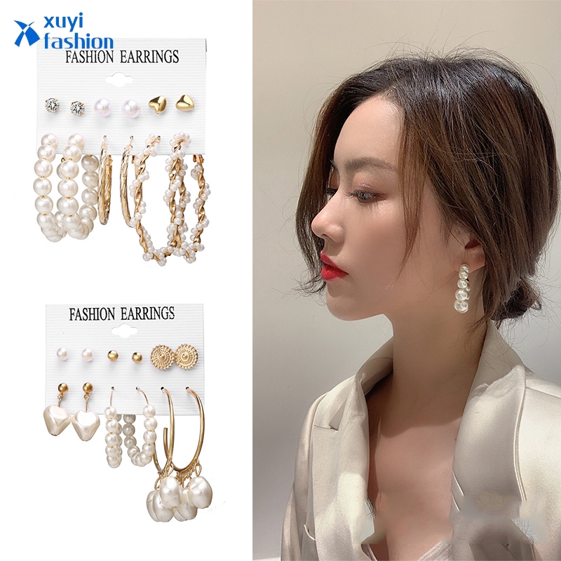 6 Pasang Anting Tusuk Bentuk Lingkaran Geometris Bahan Alloy untuk Wanita