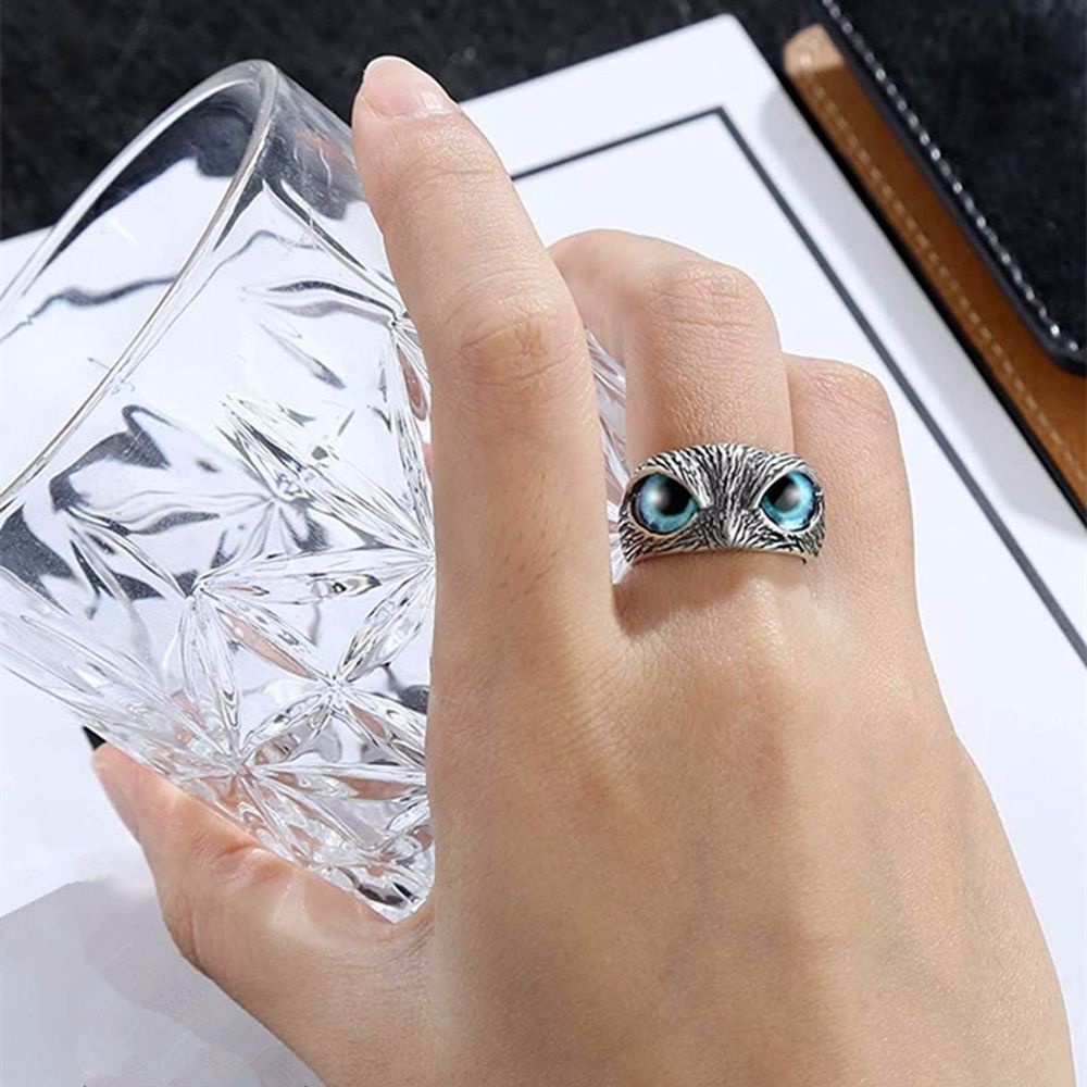 Needway  Simple Owl Ring Punk Korean Style Ring Opening Ring Blue Eyes Animal Cool Retro Girl Width Female Rings/Multicolor