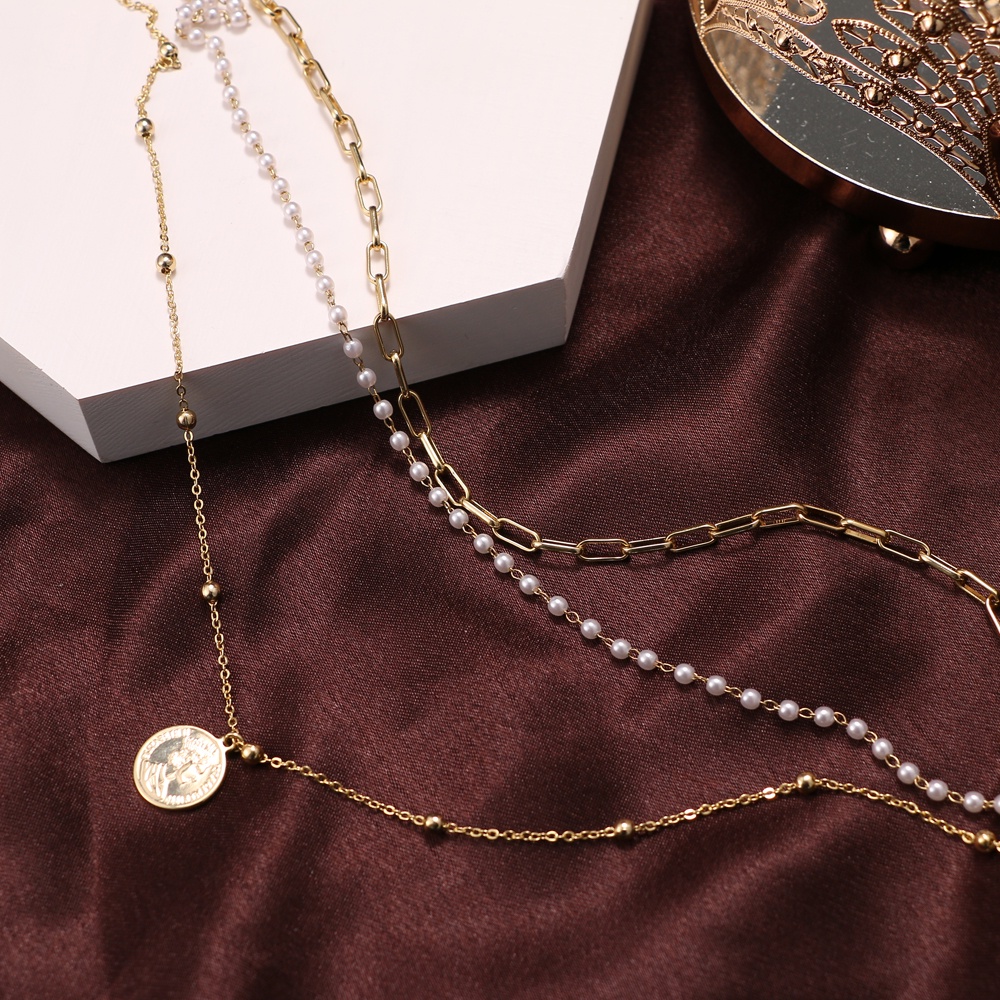 Multilayer Pearl Coin Pendant Long Necklace for Women