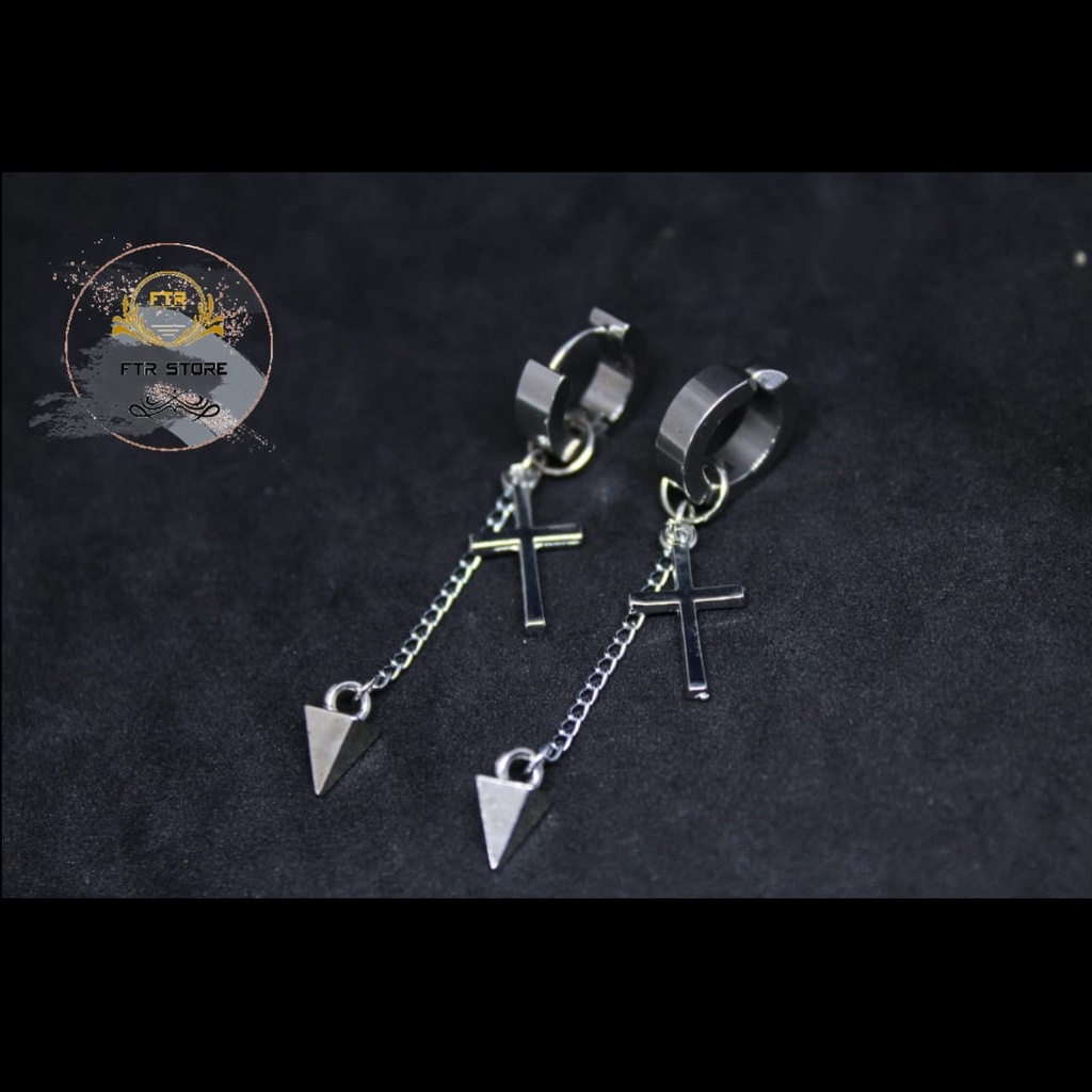 IP-CC anting tindik dan jepit koirea model salib rantai bandul/ anting korea model terbaru/ Anting/ Anting salib