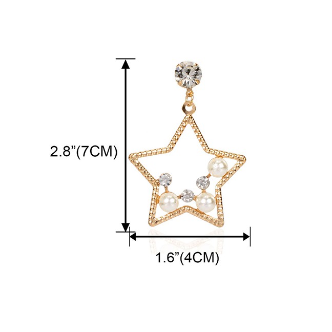 LRC Anting Tusuk Fashion Golden Imitation Pearl Alloy Five-pointed Star Diamond Earrings K44379