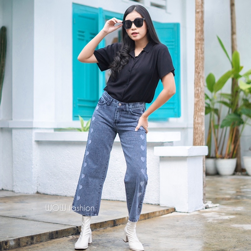 WOW-love Bordir Celana Jeans// Kulot Jeans Highwaist Wanita//Celana Bordir Wanita