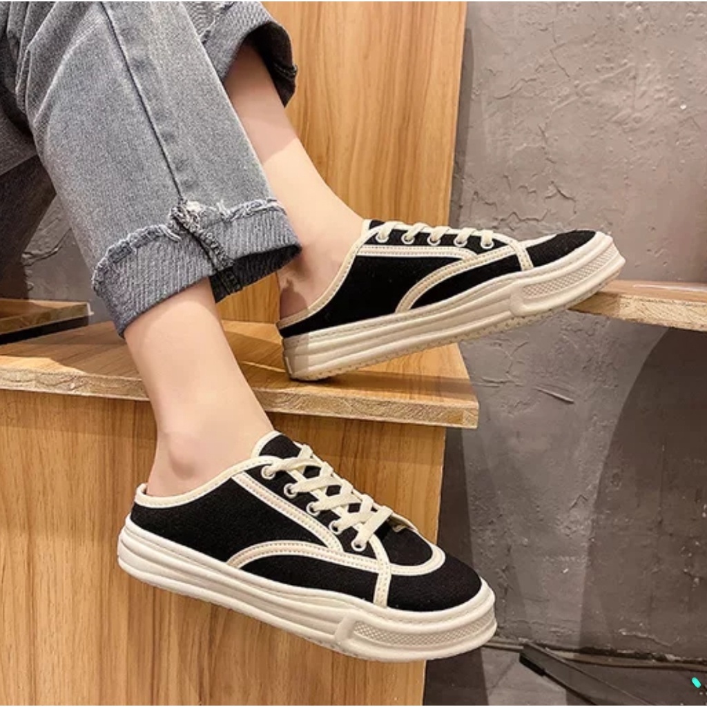 Sepatu Half Sneaker 017950 Sederhana Canvas Dengan Tali Sepatu