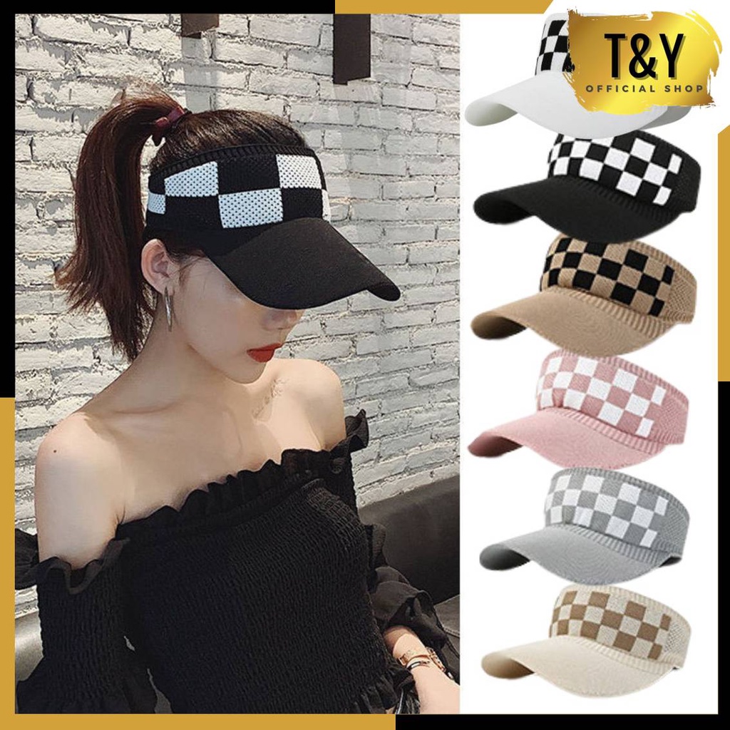 T&amp;Y  Topi Golf Rajut Motif Catur Baseball Cap Sport Senam Zumba Jogging Topi Pantai Korea Fashion Wanita Visor Hat Murah Import