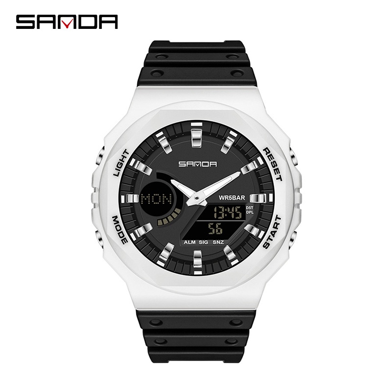 SANDA 6016 Jam Tangan Pria Wanita Digital Sport EL Backlight Tali Rubber Anti Air-Hitam Putih