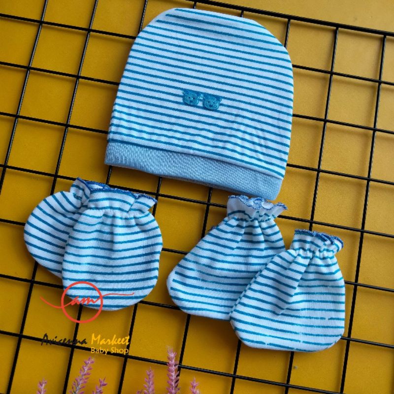 set topi sarung tangan kaki bayi garis salur newborn