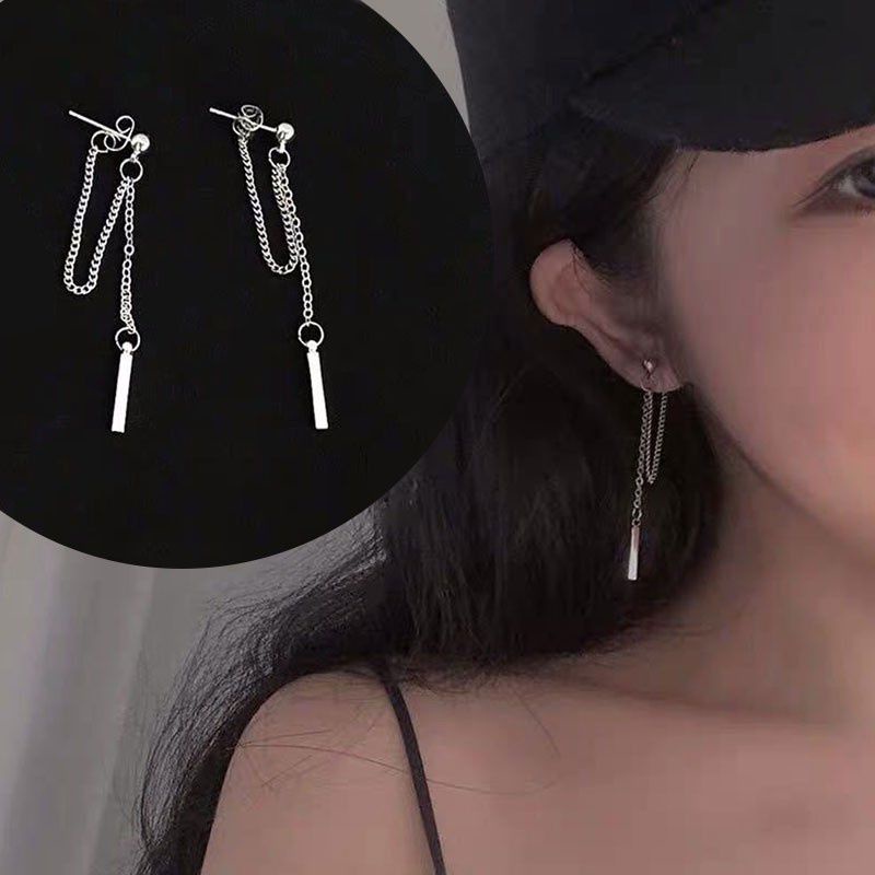 Anting Rantai Gantung rumbai fashionable warna perak Baja Titanium Korean Style #chain tassel hop-ho