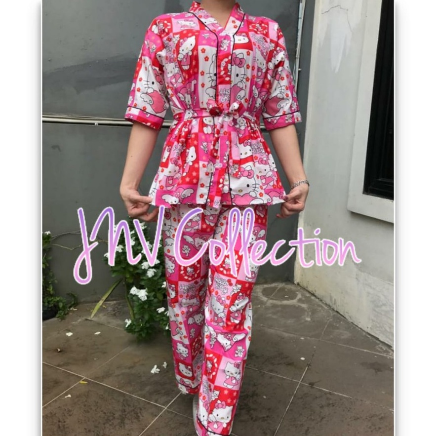 JNV Setelan Kimono CP Wanita Motif Karakter Kartun - Baju Tidur Kimono Lengan Pendek - Bahan Katun-HK Kotak Mini Merah