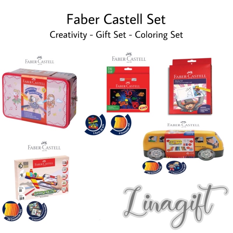 FABER CASTELL GIFT SET - COLOUR TO LIFE COLOURING BOOK - CASTELL MAGIZ ART - CONNECTOR PENS BALLERINA - SCHOOL BUS CAN - COLOURING BOOK