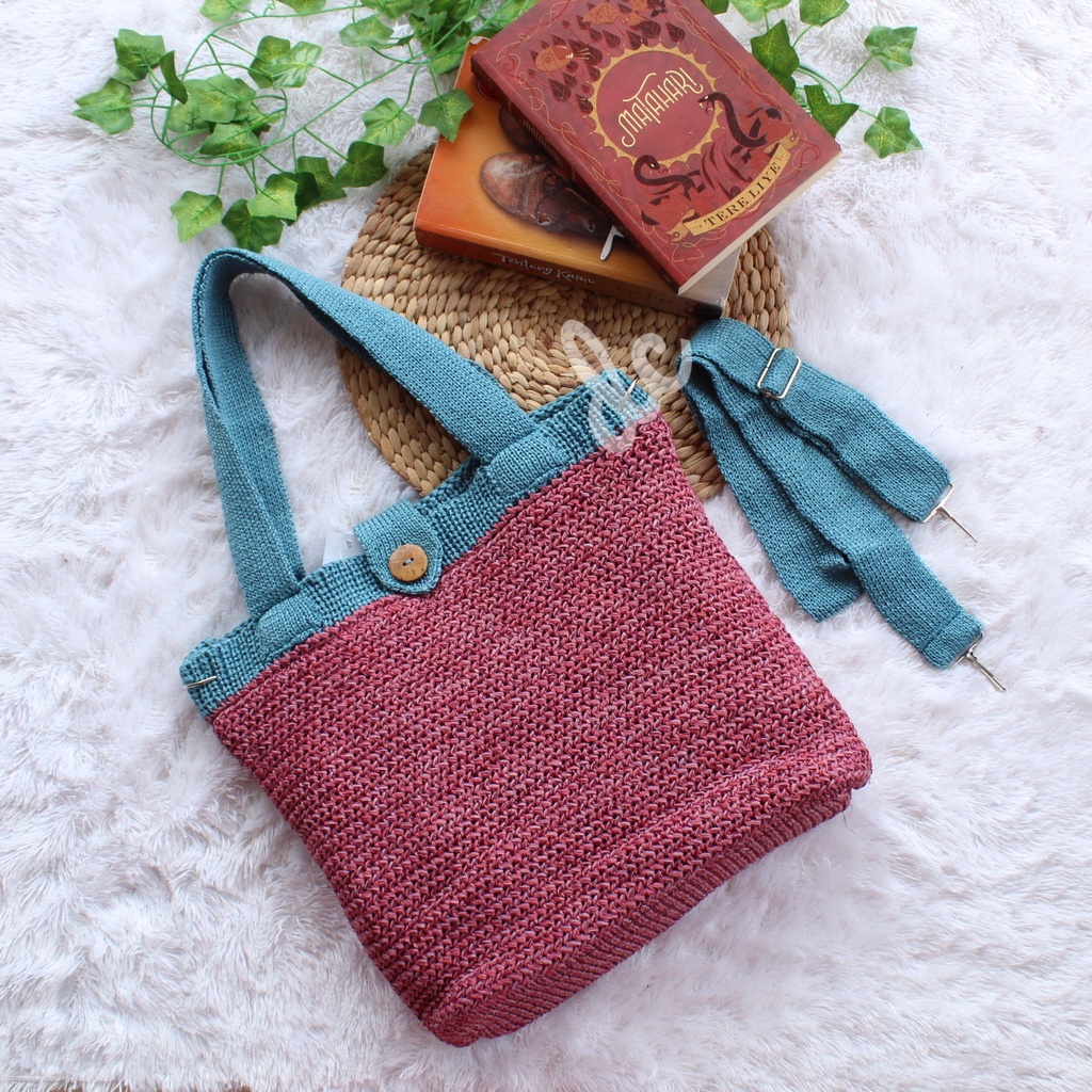 Tas selempang rajut kancing vintage / slingbag rajutan bandung / handbag 2 in 1 rajut / tas kerja wanita / tas ngajar muat banyak